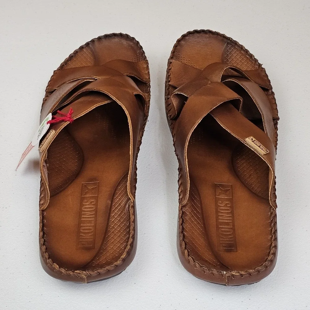 Pikolinos Tarifa Slide Sandals Men Sz 46 / 12 Brown Leather Slip On Open Toe NEW